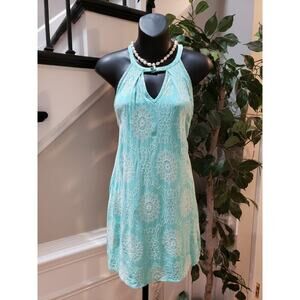 Peach Love Women's Blue & White Polyester V-Neck Sleeveless Knee Length Dress S